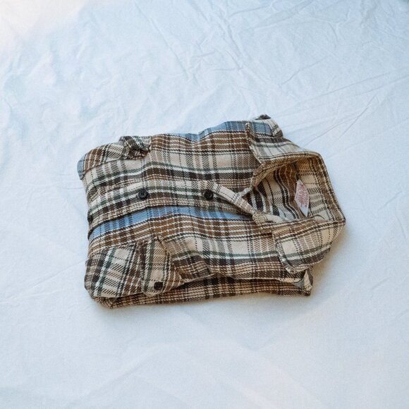 100% Brown and Light Blue Cotton Flannel - Picture 1 of 5